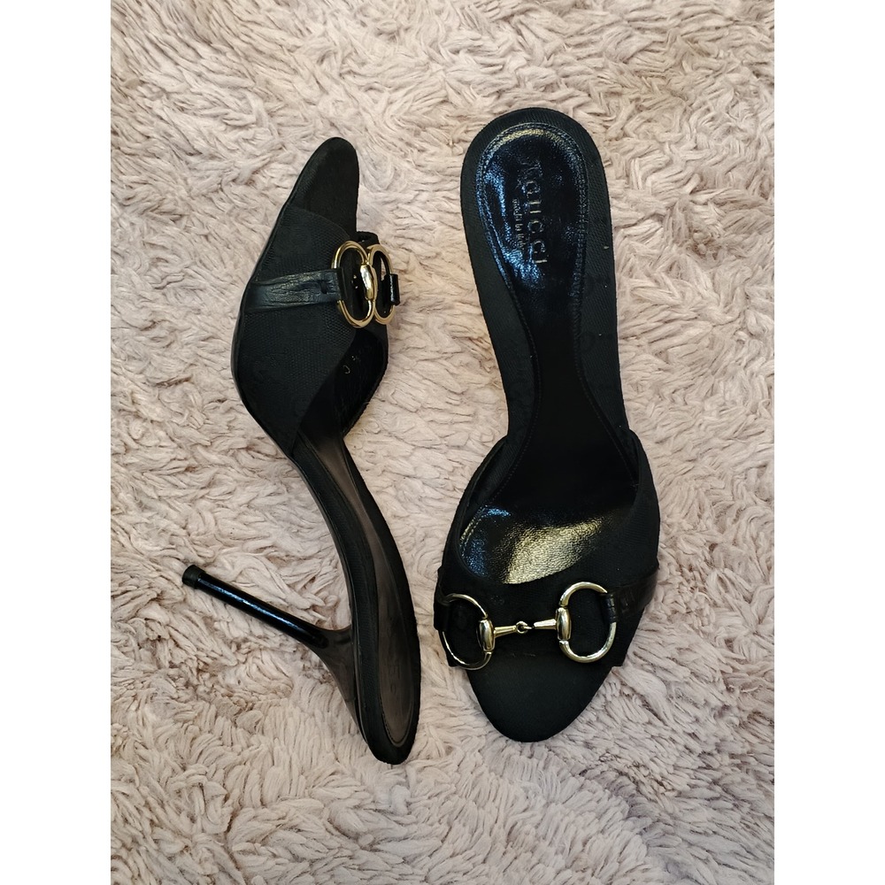 Gucci Horsebit GG Monogram Canvas Mules Black Stiletto Sandals 138703 Size 38.5 - Picture 5 of 11
